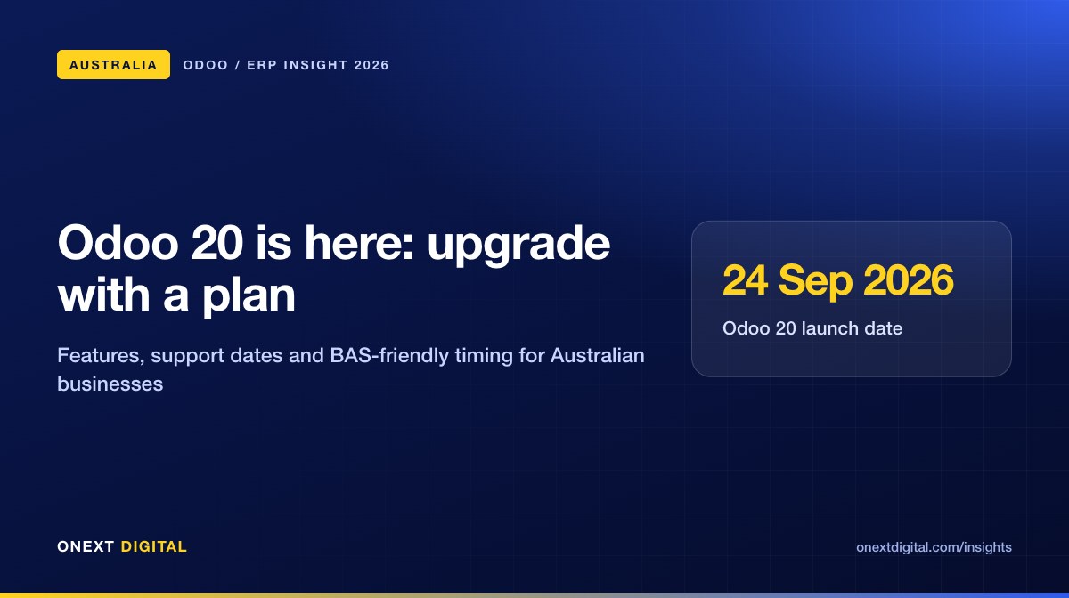 Featured graphic showing Odoo 20 launched on 24 September 2026