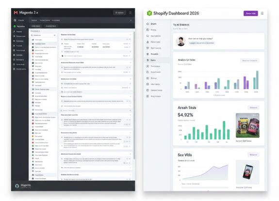 The Complete Magento to Shopify Migration Checklist for 2026 A side-by-side comparison showing the shift from Magento’s complex backend to the clean, AI-powered Shopify dashboard in 2026.