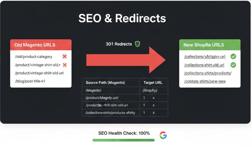 The Complete Magento to Shopify Migration Checklist for 2026 Setting up 301 redirects in Shopify to ensure zero loss in SEO rankings after moving from Magento.