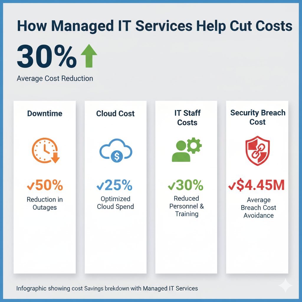How SMEs Reduce IT Costs by 30% with Managed IT Services Infographic showing cost savings breakdown with Managed IT Services