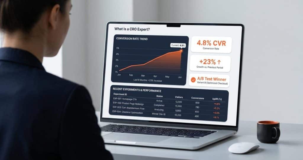 Marketing specialist analysing landing page conversion data